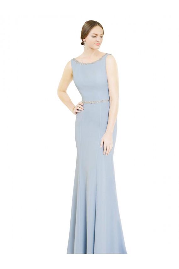 Online Azul cielo claro línea A Cuello Barco Cuello Alto Gasa Largo Vestidos de dama de honor