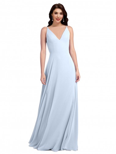 Online Azul cielo claro línea A Cuello en V Gasa Largo Vestidos de dama de honor