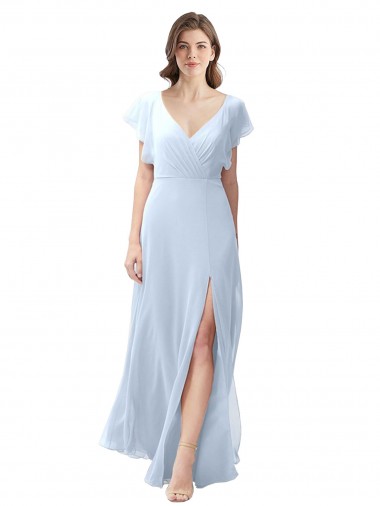 Online Azul cielo claro línea A Cuello en V Gasa Largo Vestidos de dama de honor