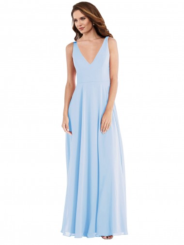 Online Azul cielo claro línea A Cuello en V Gasa Largo Vestidos de dama de honor
