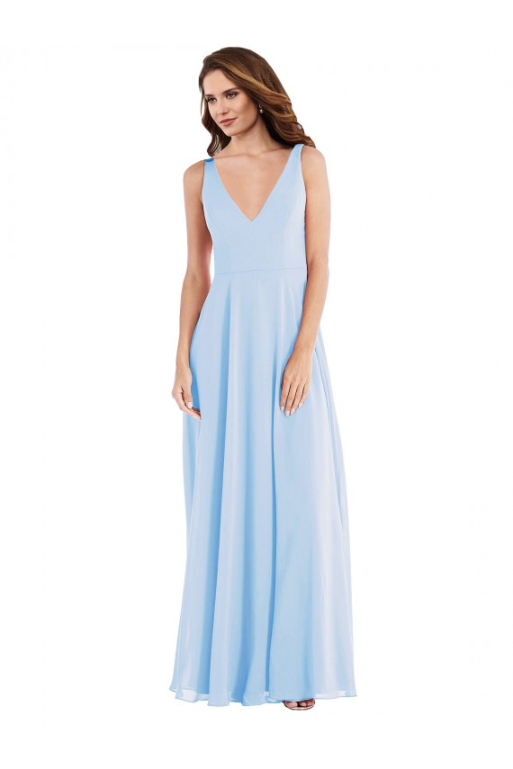 Online Azul cielo claro línea A Cuello en V Gasa Largo Vestidos de dama de honor