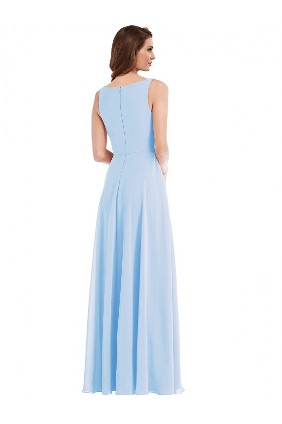 Online Azul cielo claro línea A Cuello en V Gasa Largo Vestidos de dama de honor
