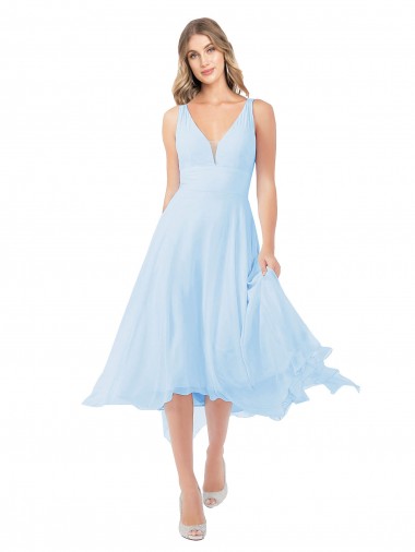 Online Azul cielo claro línea A Cuello en V Midi Gasa Corto Vestidos de dama de honor / Vestidos de cóctel