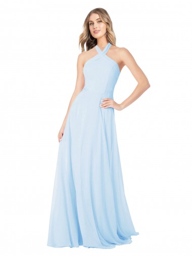 Online Azul cielo claro línea A Halter Cuello Alto Gasa Largo Vestidos de dama de honor