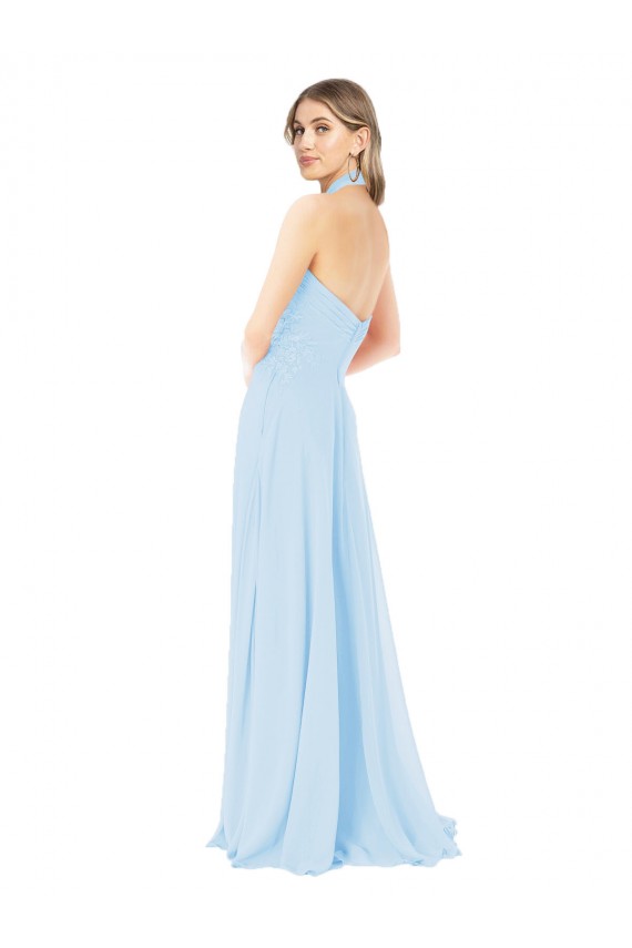 Online Azul cielo claro línea A Halter Cuello Alto Gasa Largo Vestidos de dama de honor