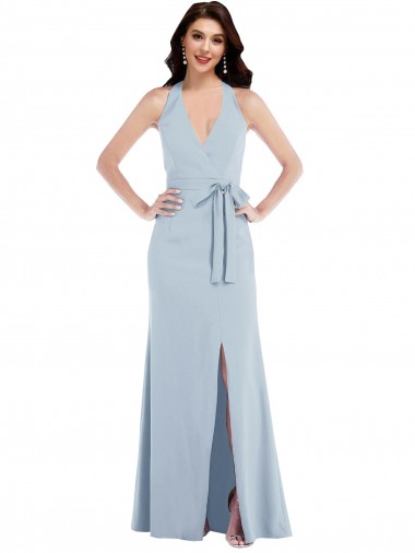 Online Azul cielo claro línea A Halter Cuello en V Crepé Elástico Largo Formales Vestidos de dama de honor / Vestidos de fiesta