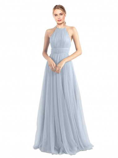 Online Azul cielo claro línea A Halter Tul Largo Vestidos de dama de honor