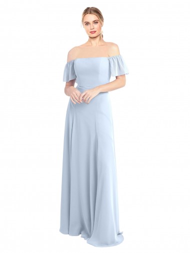 Online Azul cielo claro línea A Hombros Descubiertos Cuadrado Gasa Largo Vestidos de dama de honor