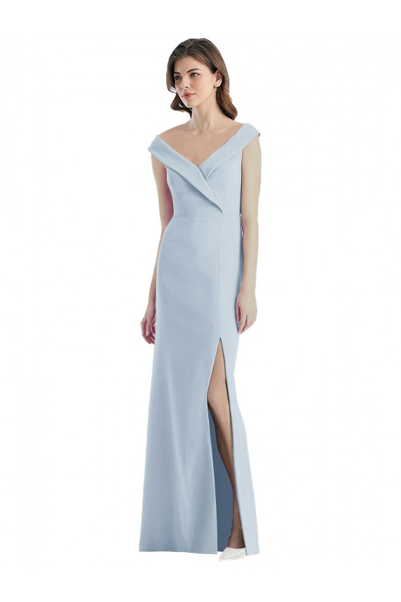 Online Azul cielo claro línea A Hombros Descubiertos Cuello en V Crepé Elástico Largo Vestidos de dama de honor
