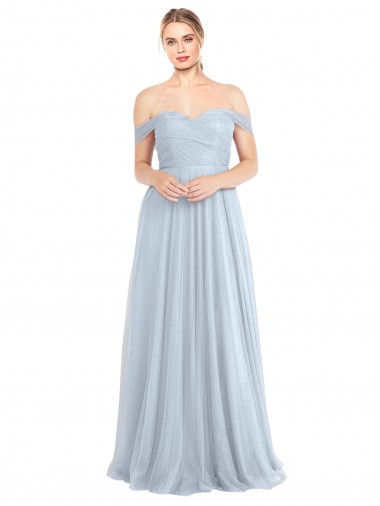 Online Azul cielo claro línea A Hombros Descubiertos Tul Largo Vestidos de dama de honor