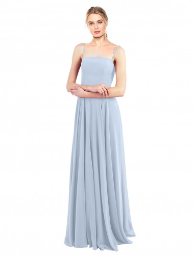Online Azul cielo claro línea A Tirantes espagueti Cuadrado Gasa Largo Vestidos de dama de honor