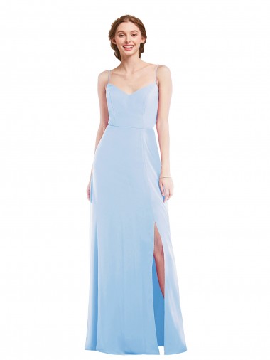 Online Azul cielo claro línea A Tirantes espagueti Cuello en V Gasa Largo Formales Vestidos de dama de honor / Vestidos de noche