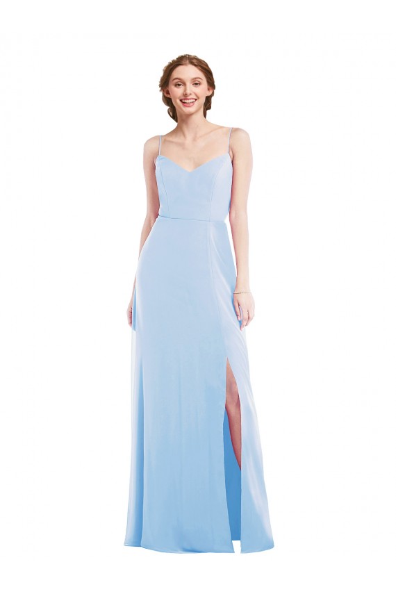 Online Azul cielo claro línea A Tirantes espagueti Cuello en V Gasa Largo Formales Vestidos de dama de honor / Vestidos de noche