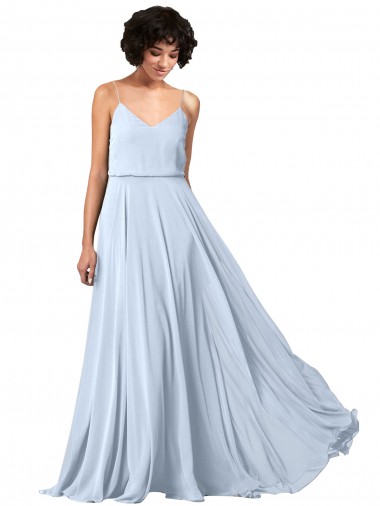 Online Azul cielo claro línea A Tirantes espagueti Cuello en V Gasa Largo Vestidos de dama de honor