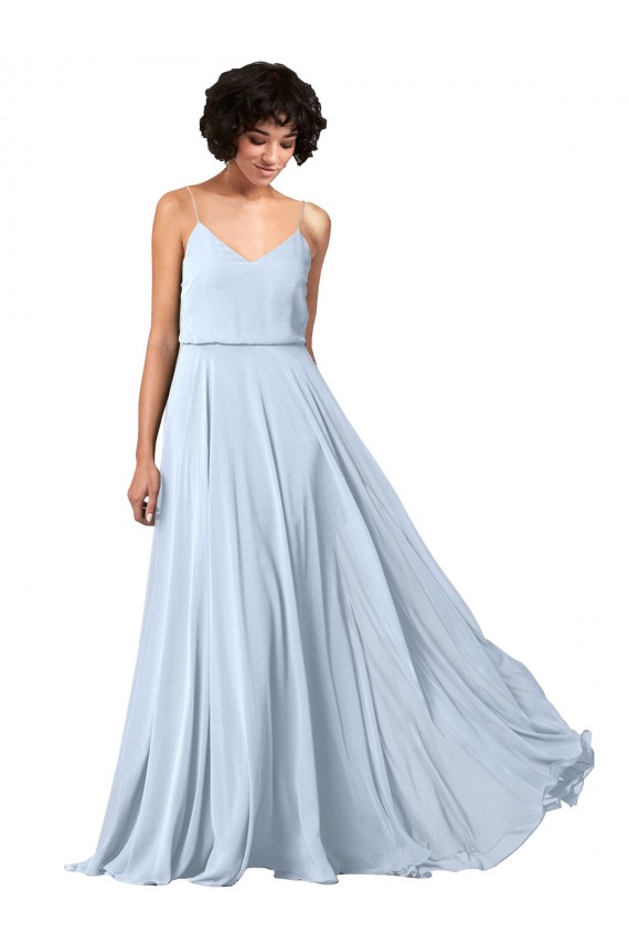 Online Azul cielo claro línea A Tirantes espagueti Cuello en V Gasa Largo Vestidos de dama de honor