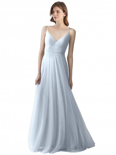Online Azul cielo claro línea A Tirantes espagueti Cuello en V Tul Largo Vestidos de dama de honor