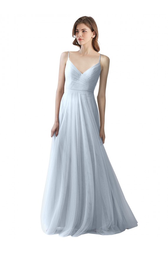 Online Azul cielo claro línea A Tirantes espagueti Cuello en V Tul Largo Vestidos de dama de honor