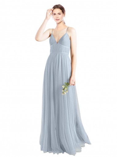 Online Azul cielo claro línea A Tirantes espagueti Cuello en V Tul Largo Vestidos de dama de honor