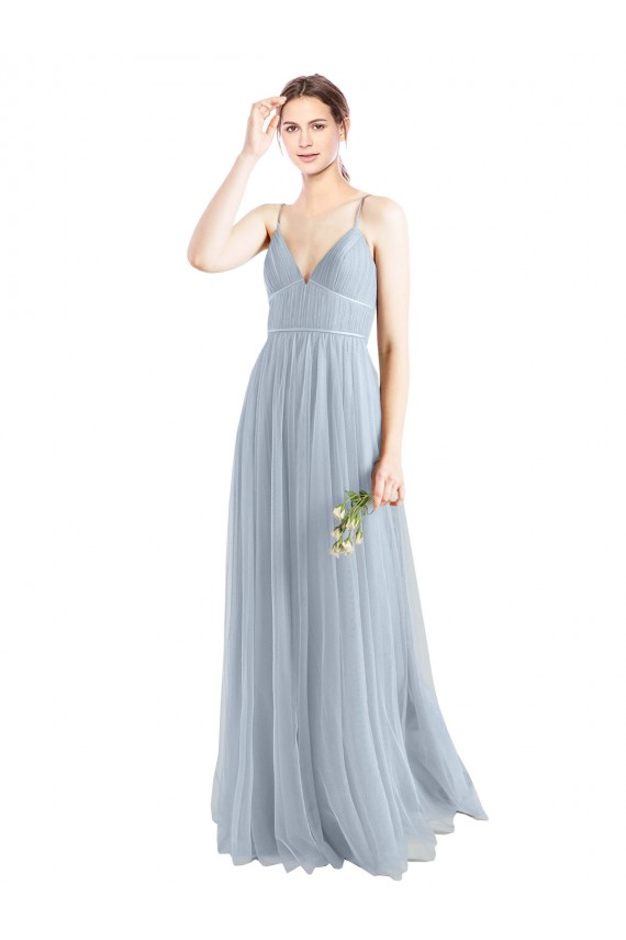 Online Azul cielo claro línea A Tirantes espagueti Cuello en V Tul Largo Vestidos de dama de honor