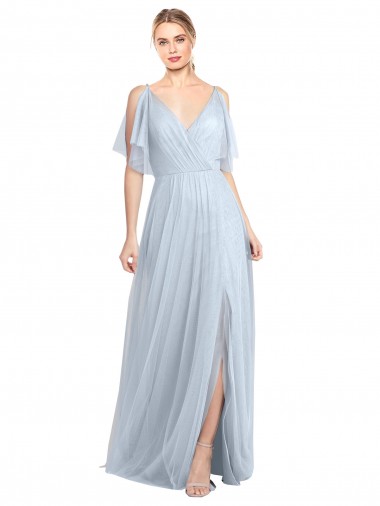 Online Azul cielo claro línea A Tirantes espagueti Cuello en V Tul Largo Vestidos de dama de honor