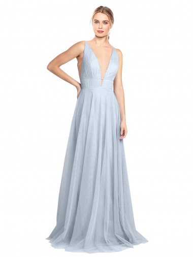 Online Azul cielo claro línea A Tirantes espagueti Cuello en V Tul Largo Vestidos de dama de honor