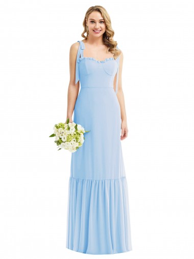 Online Azul cielo claro línea A Tirantes espagueti Gasa Largo Vestidos de dama de honor