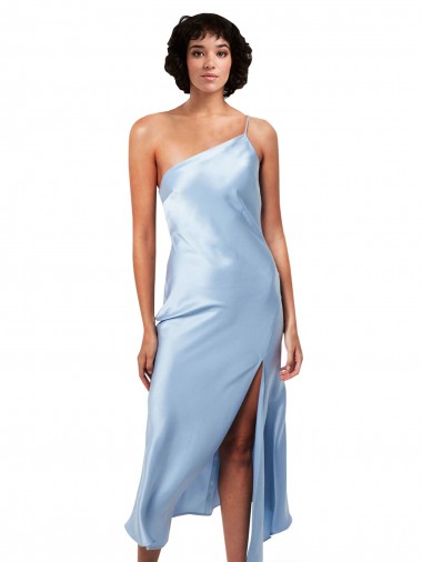 Online Azul cielo claro línea A Un Hombre Midi Satén sedoso Corto Formales Vestidos de dama de honor / Vestidos de fiesta / Vestidos de cóctel