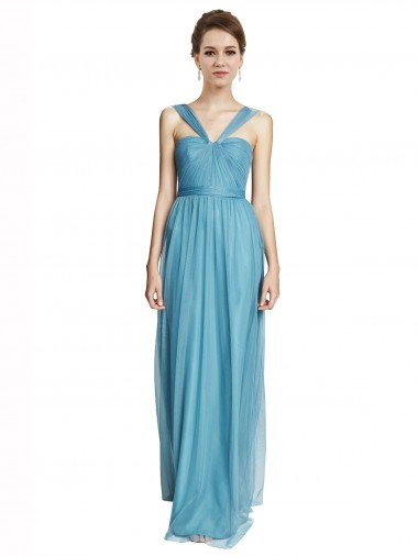 Online Azul cielo línea A Tirantes espagueti Halter Cuello en V Tul Largo Vestidos de dama de honor