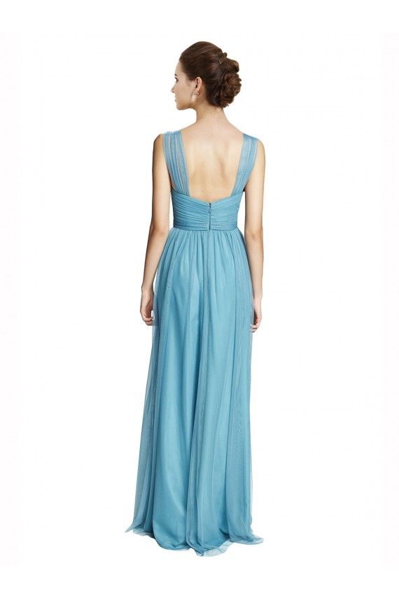 Online Azul cielo línea A Tirantes espagueti Halter Cuello en V Tul Largo Vestidos de dama de honor