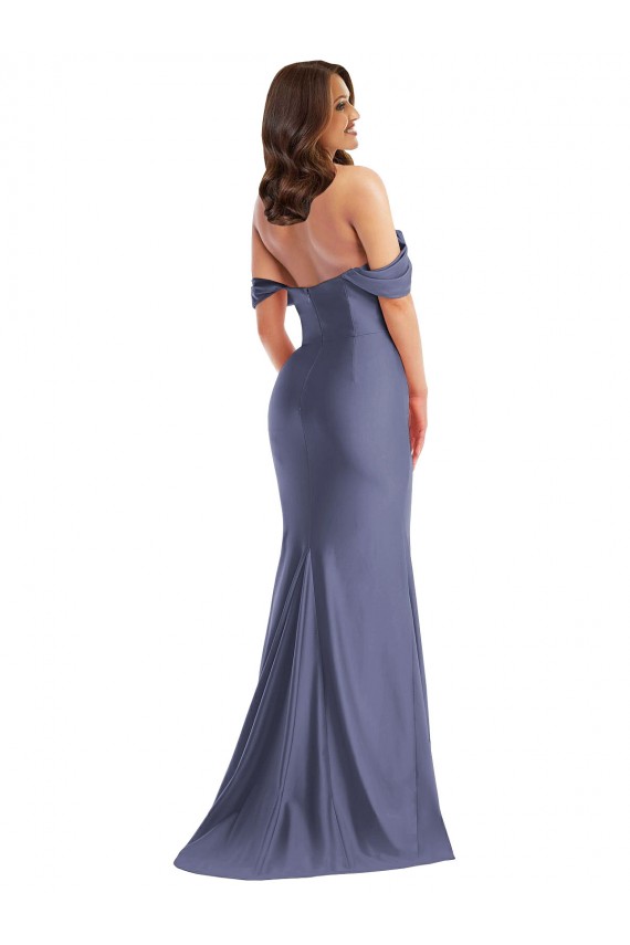 Online Azul francés Sirena Hombros Descubiertos Satén sedoso Largo Formales Vestidos de dama de honor / Vestidos de fiesta
