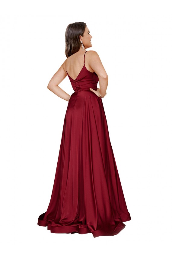 Online Azul francés línea A Tirantes espagueti Satén sedoso Largo Formales Vestidos de dama de honor / Vestidos de fiesta