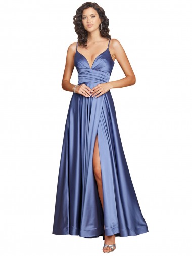 Online Azul francés línea A Tirantes espagueti Satén sedoso Largo Formales Vestidos de dama de honor / Vestidos de fiesta