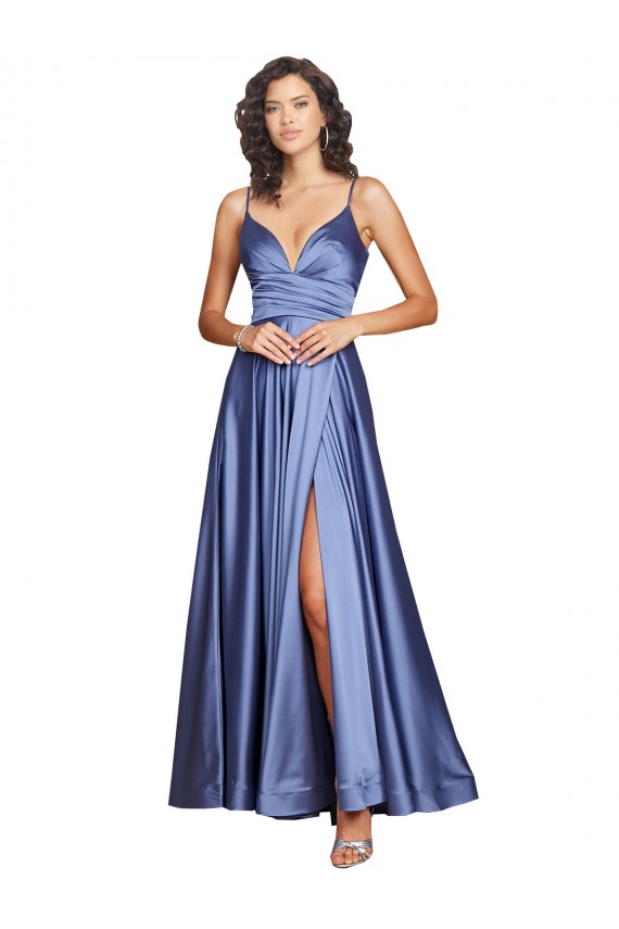 Online Azul francés línea A Tirantes espagueti Satén sedoso Largo Formales Vestidos de dama de honor / Vestidos de fiesta