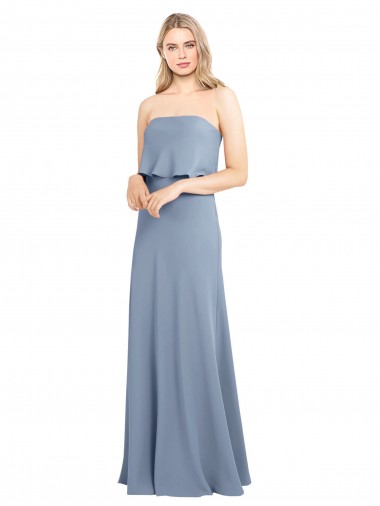 Online Azul humo Cubierta Cuello Alto Crepé Elástico Largo Formales Vestidos de dama de honor / Vestidos de fiesta