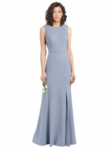 Online Azul humo Cubierta Cuello Barco Cuello Alto Crepé Elástico Largo Vestidos de dama de honor