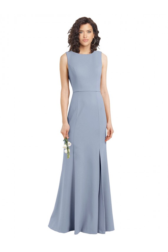 Online Azul humo Cubierta Cuello Barco Cuello Alto Crepé Elástico Largo Vestidos de dama de honor
