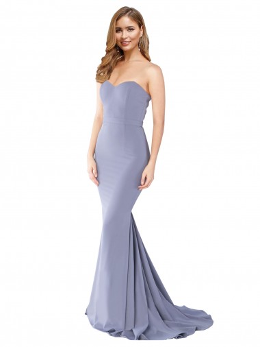 Online Azul humo Sirena Cuello de Corazón Sin tirantes Crepé Elástico Largo Formales Vestidos de dama de honor / Vestidos de fiesta