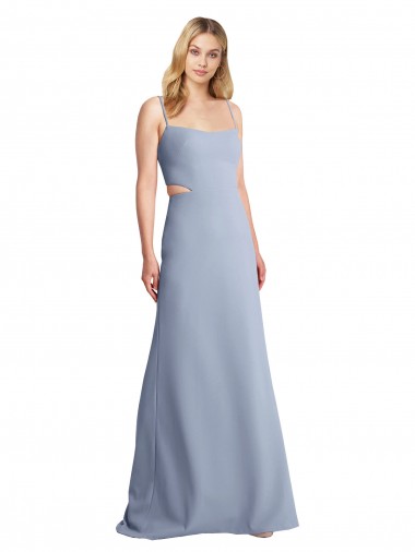 Online Azul humo línea A Tirantes espagueti Cucharón Crepé Elástico Largo Vestidos de dama de honor / Vestidos de fiesta