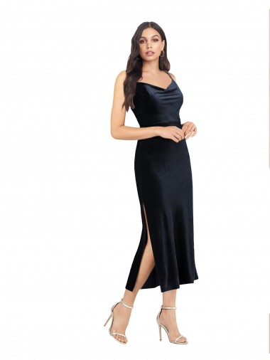 Online Azul marina oscuro Columna Midi Terciopelo Elástico Corto Formales Vestidos de dama de honor / Vestidos de fiesta / Vestidos de cóctel