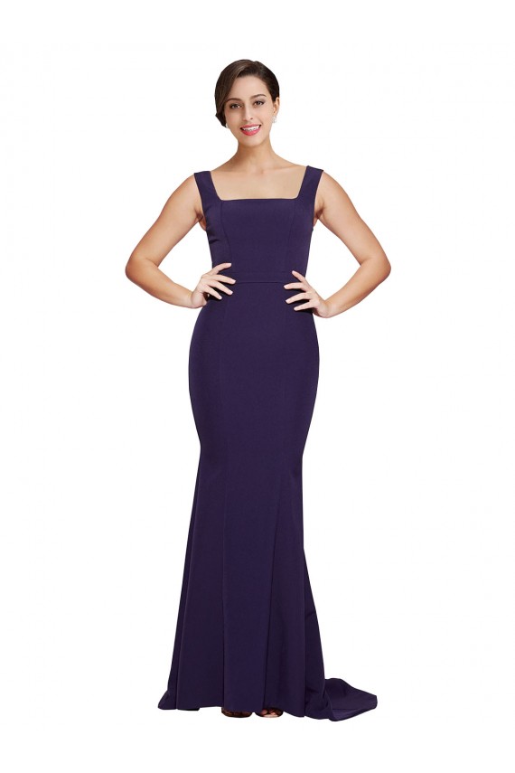 Online Azul marina oscuro Cubierta Cuadrado Barrer tren Crepé Elástico Largo Vestidos de dama de honor / Vestidos de fiesta