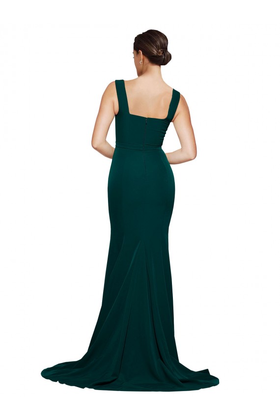 Online Verde Midnight Cubierta Cuadrado Barrer tren Crepé Elástico Largo Vestidos de dama de honor / Vestidos de fiesta