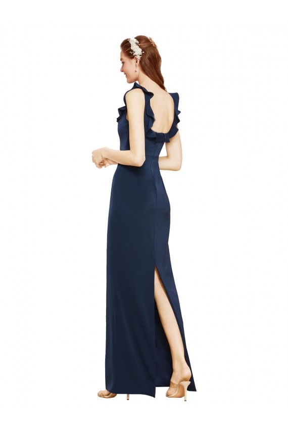 Online Azul marina oscuro Cubierta Cucharón Crepé Elástico Largo Formales Vestidos de dama de honor / Vestidos de fiesta