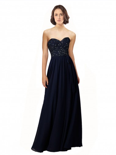 Online Azul marina oscuro Cubierta Cuello de Corazón Gasa Largo Vestidos de dama de honor