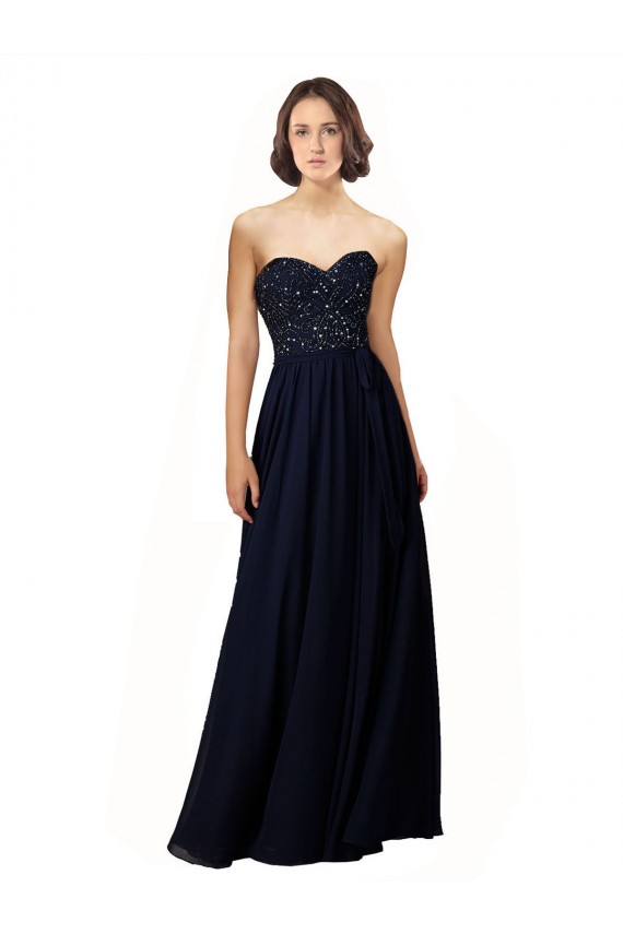 Online Azul marina oscuro Cubierta Cuello de Corazón Gasa Largo Vestidos de dama de honor