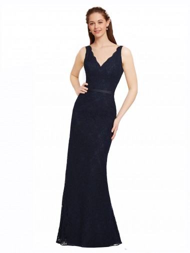 Online Azul marina oscuro Cubierta Cuello en V Encaje Largo Vestidos de dama de honor