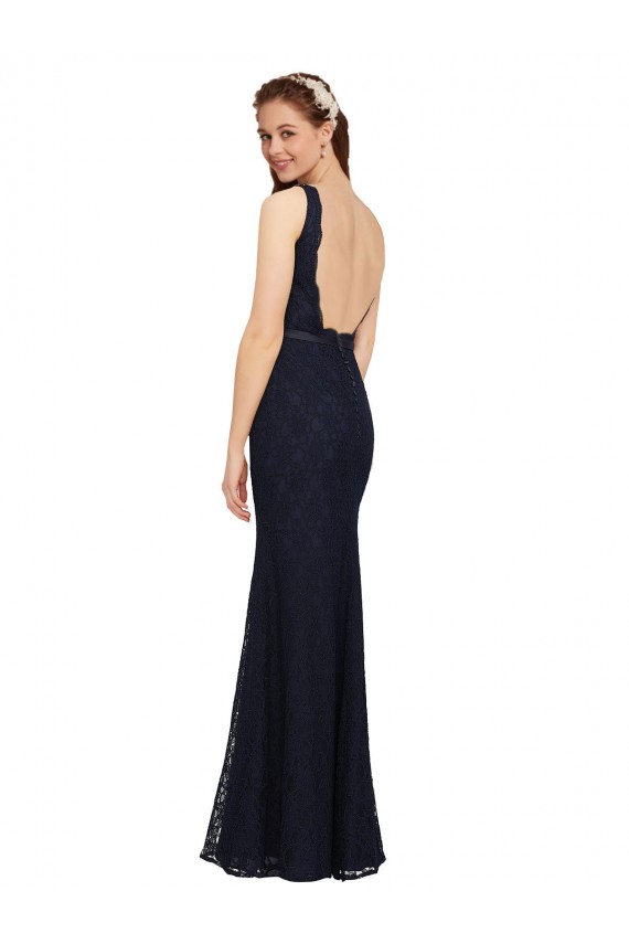 Online Azul marina oscuro Cubierta Cuello en V Encaje Largo Vestidos de dama de honor
