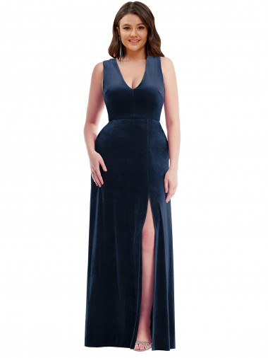 Online Azul marina oscuro Cubierta Cuello en V Terciopelo Elástico Largo Formales Vestidos de dama de honor / Vestidos de fiesta