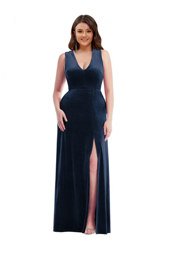 Online Azul marina oscuro Cubierta Cuello en V Terciopelo Elástico Largo Formales Vestidos de dama de honor / Vestidos de fiesta