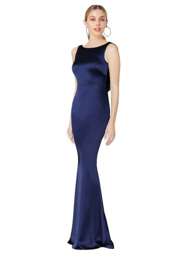 Online Azul marina oscuro Cubierta Halter Cuello Alto Satén elástico Largo Formales Vestidos de dama de honor / Vestidos de fiesta