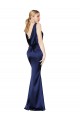 Online Azul marina oscuro Cubierta Halter Cuello Alto Satén elástico Largo Formales Vestidos de dama de honor / Vestidos de fiesta